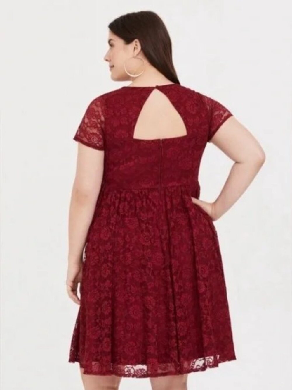 Torrid Size 16 Burgundy Red Lace Dress V-neck with Portrait Back, Short Sleeves